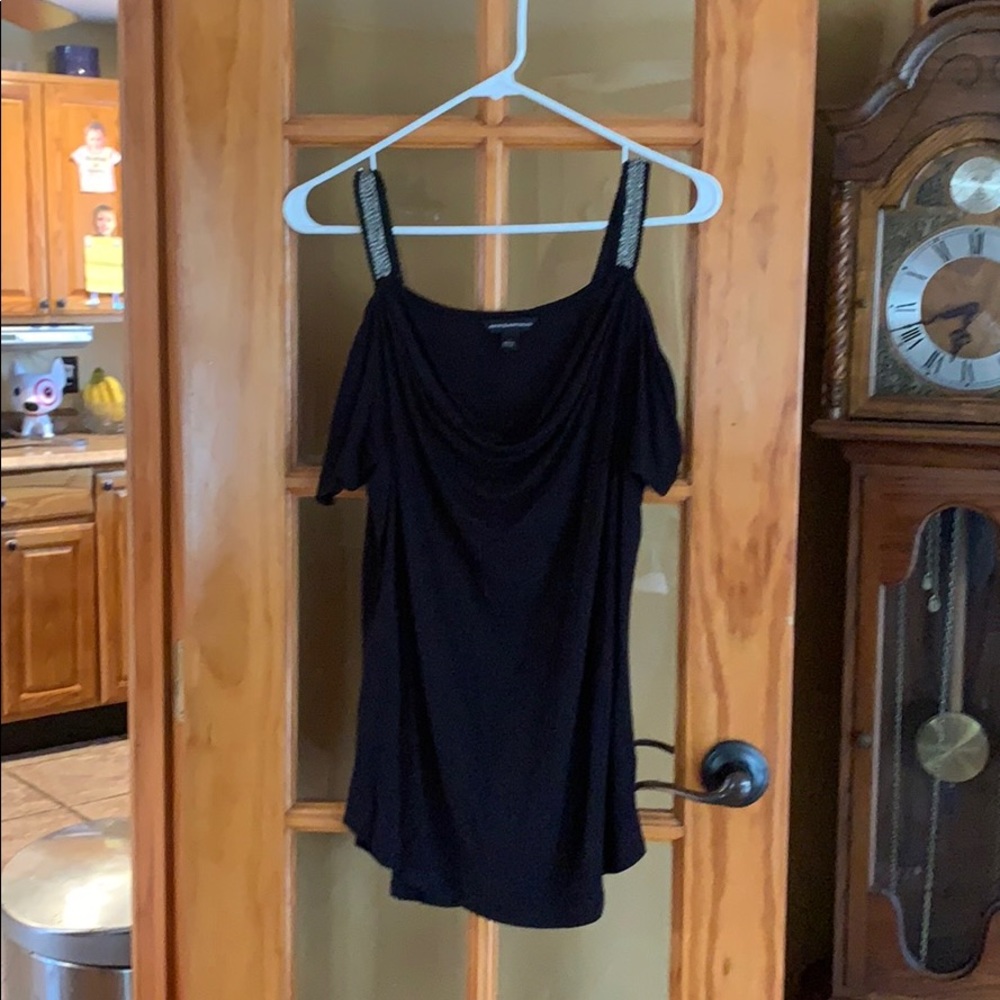 Black cold shoulder shirt with embellished straps